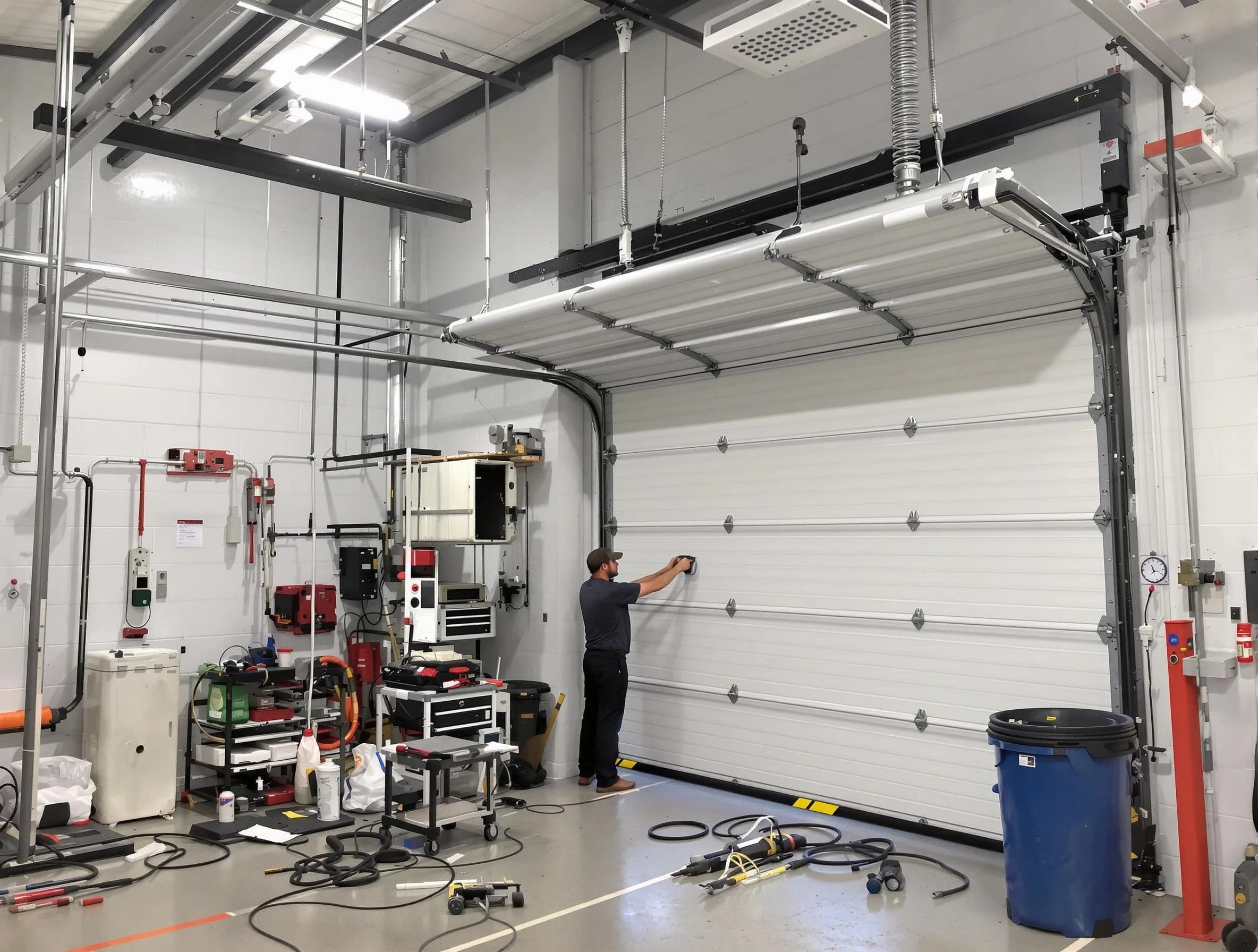 Harrisville Garage Door Repair certified technician performing commercial door repair at a Harrisville business facility