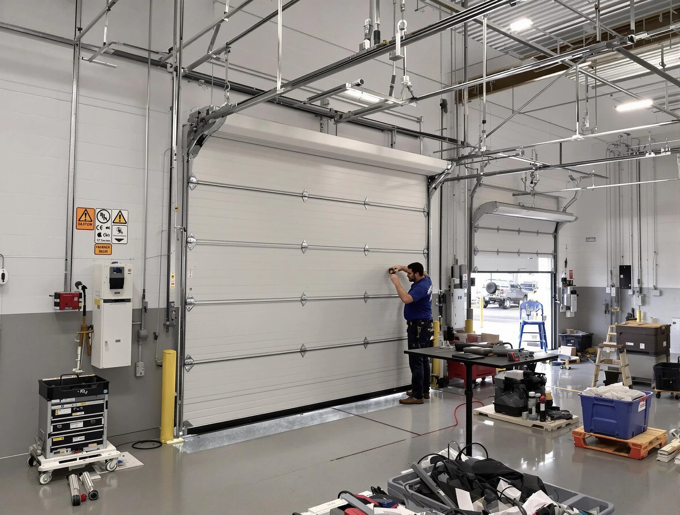 Commercial garage door repair being performed by Harrisville Garage Door Repair expert in Harrisville