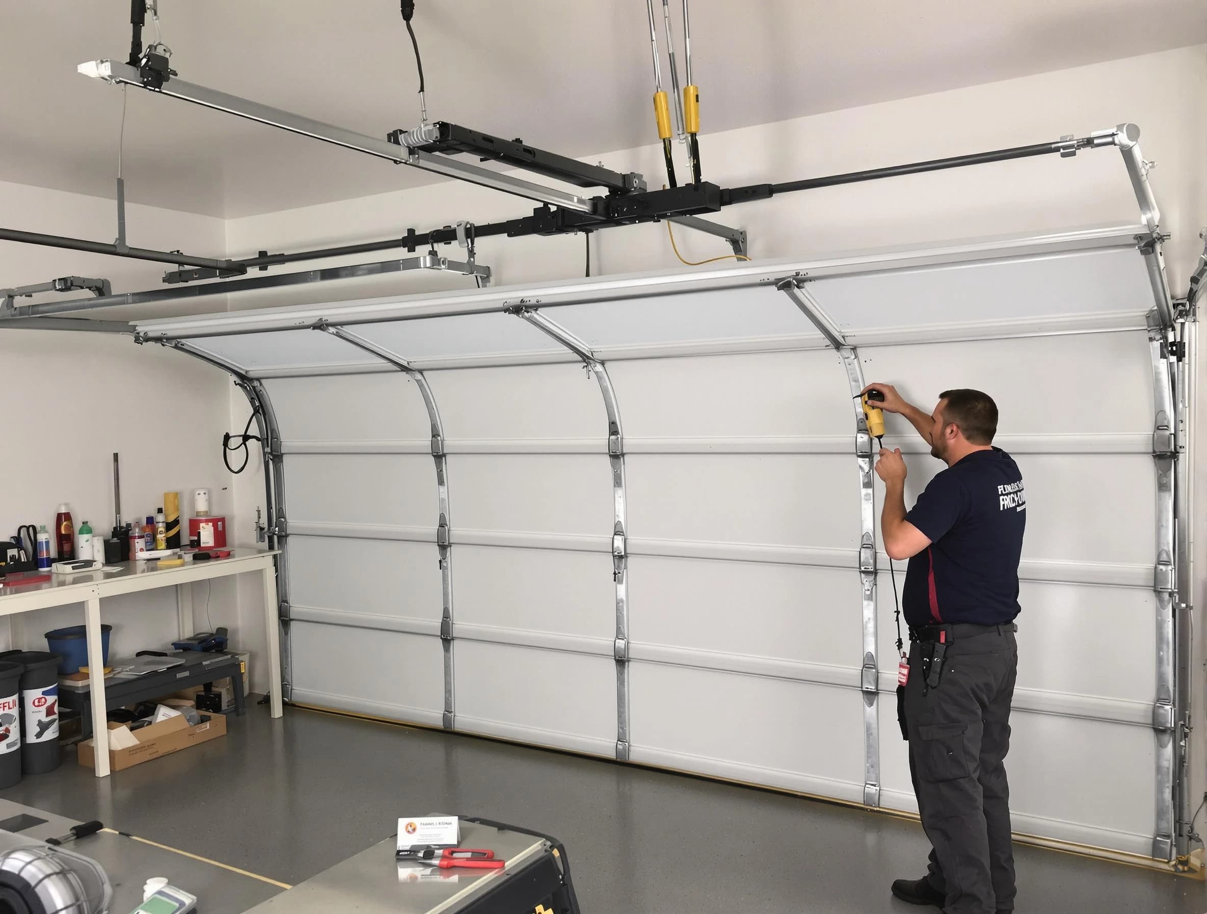 Harrisville Garage Door Repair certified technician performing overhead door system repair in Harrisville