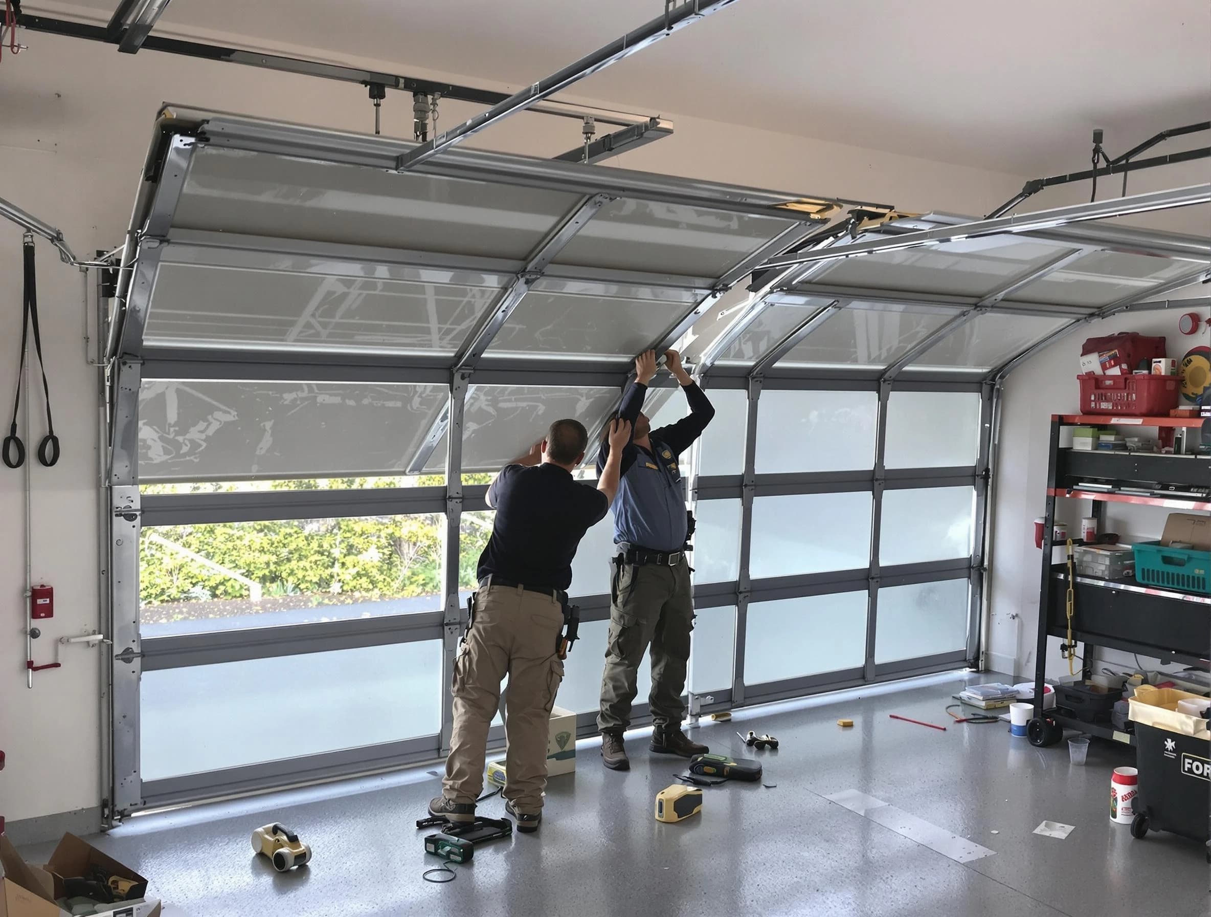 Harrisville Garage Door Repair expert performing precise panel replacement on Harrisville garage door