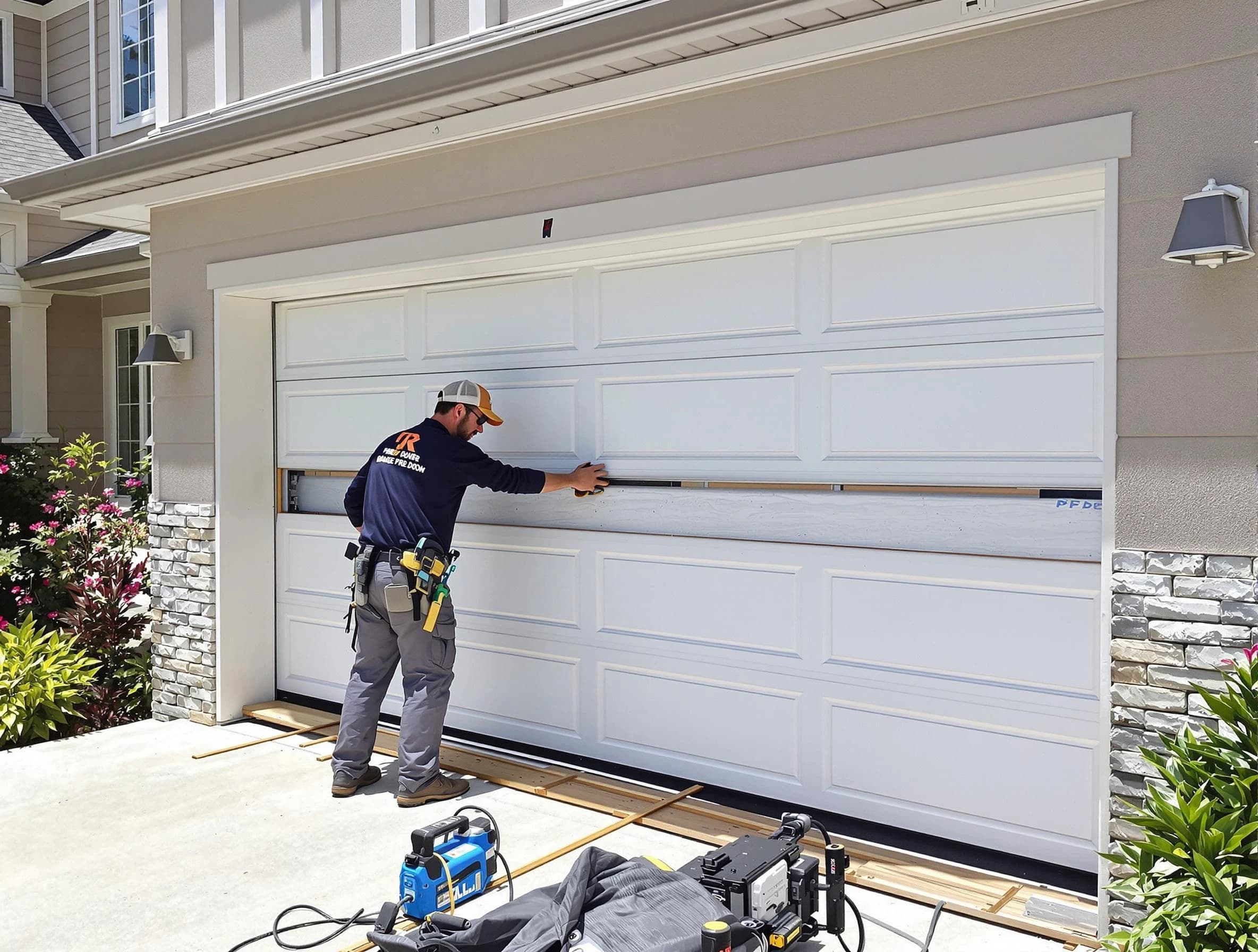 Harrisville Garage Door Repair team performing complete garage door replacement at Harrisville residence