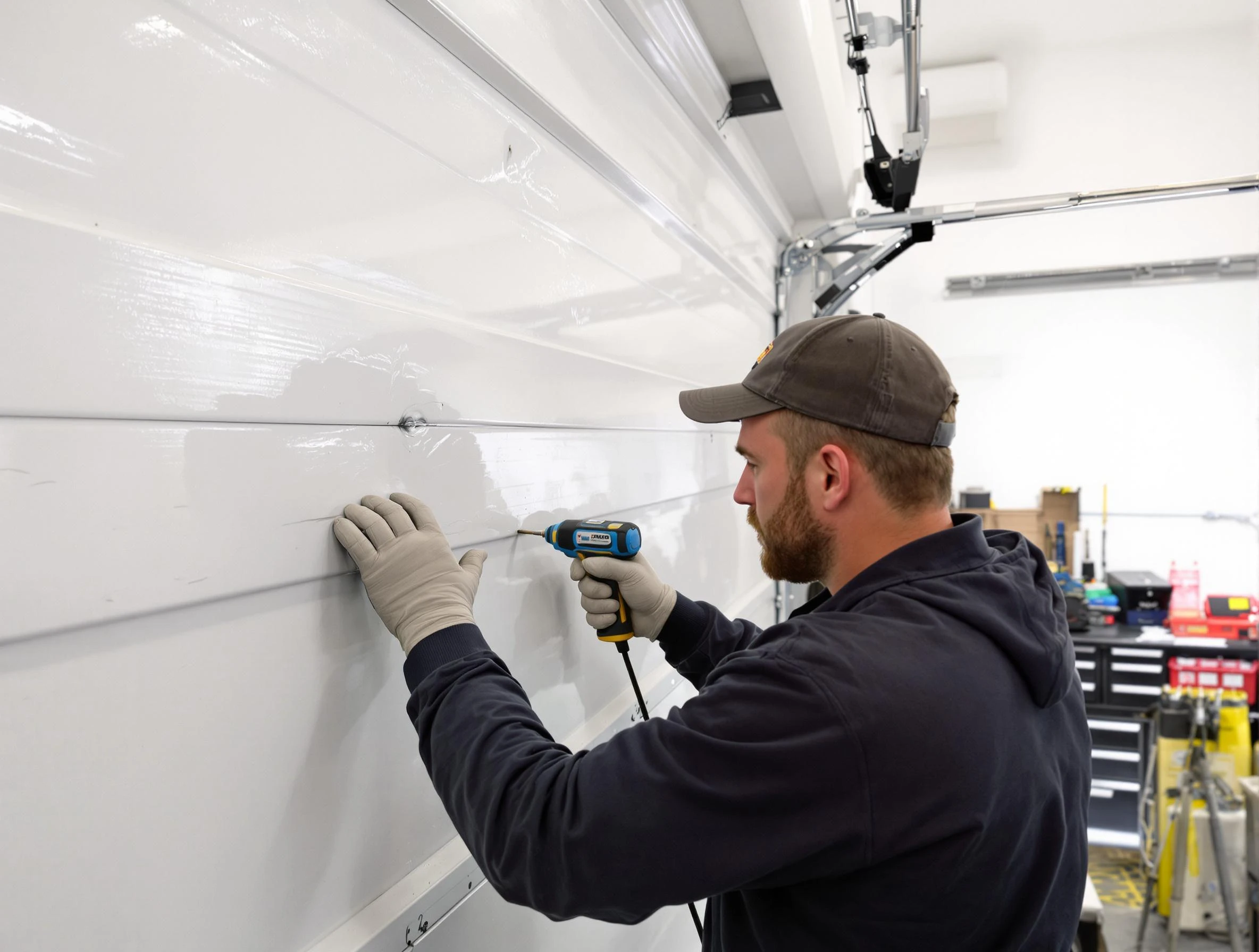 Harrisville Garage Door Repair technician demonstrating precision dent removal techniques on a Harrisville garage door