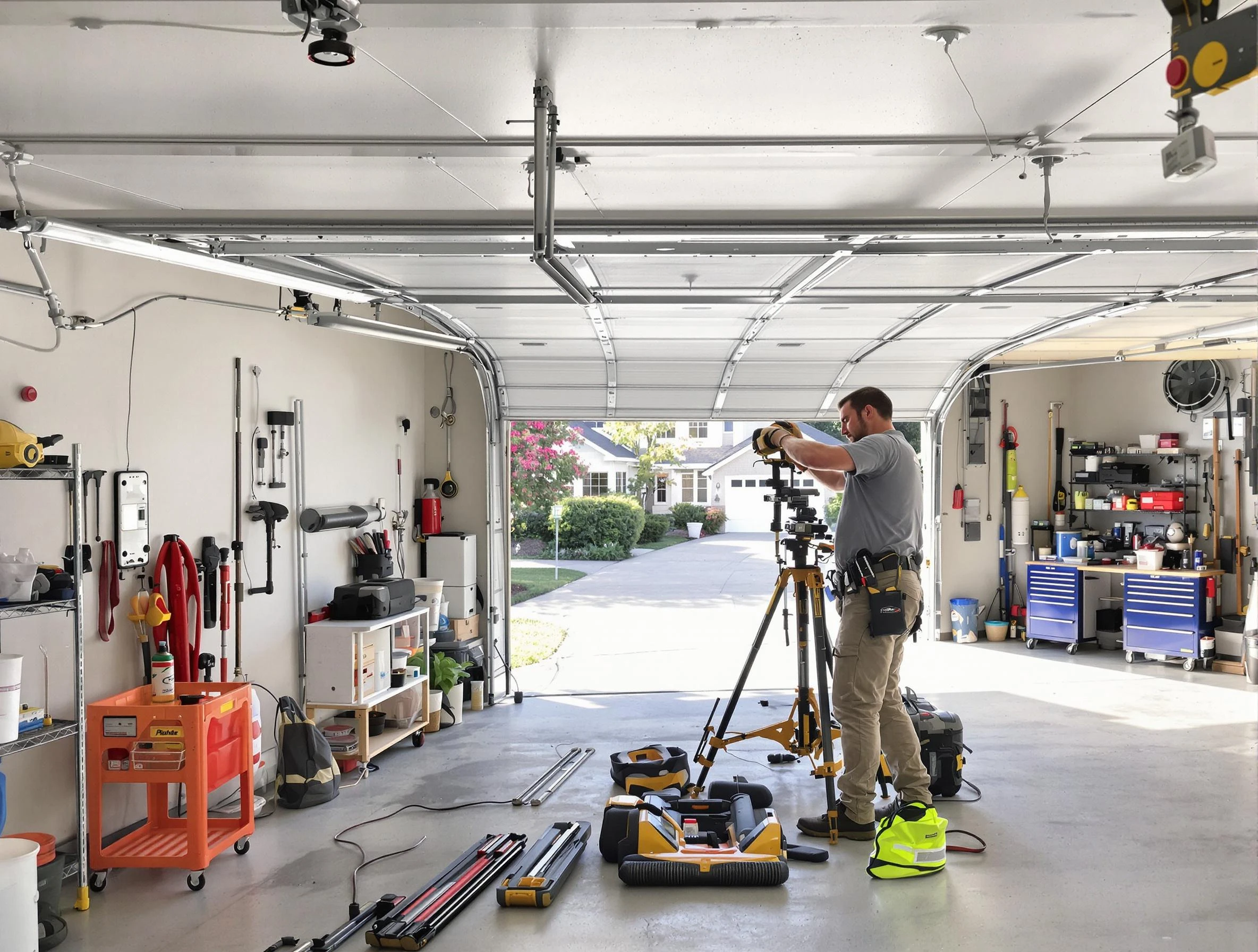 Harrisville Garage Door Repair specialist performing laser-guided track alignment in Harrisville